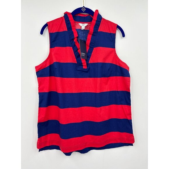 Crown & Ivy Ruffle Neck Sleeveless Striped Top Blouse Red Navy Large NEW - Picture 1 of 5